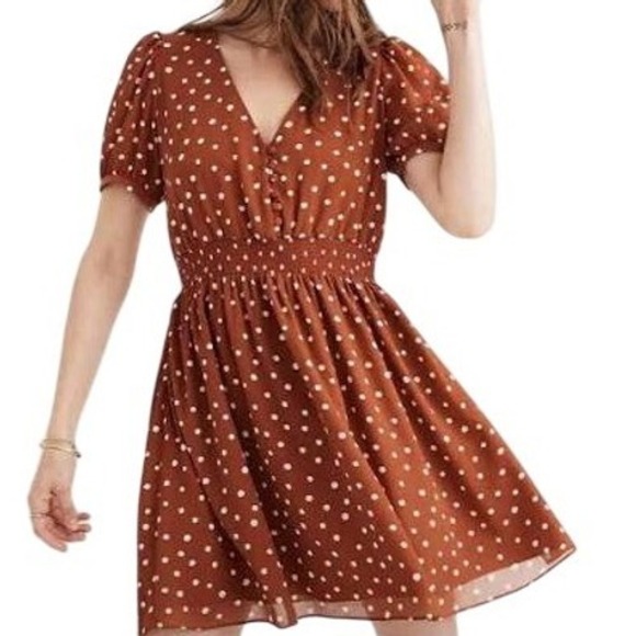Madewell Dresses & Skirts - Madewell White Polka Dot Smocked Mini Dress Rust Brown XL Button Front V Neck